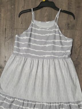Gray & White Striped Maxi Dress with Spaghetti Straps